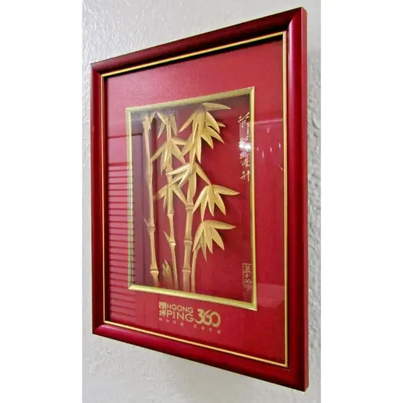 24K Gold Leaf Bamboo Tree 3D Shadow Box Art NGONG PING 360 Hong Kong